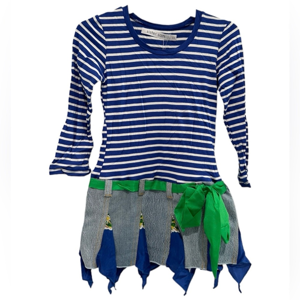 Blue and white striped dress with denim fringes